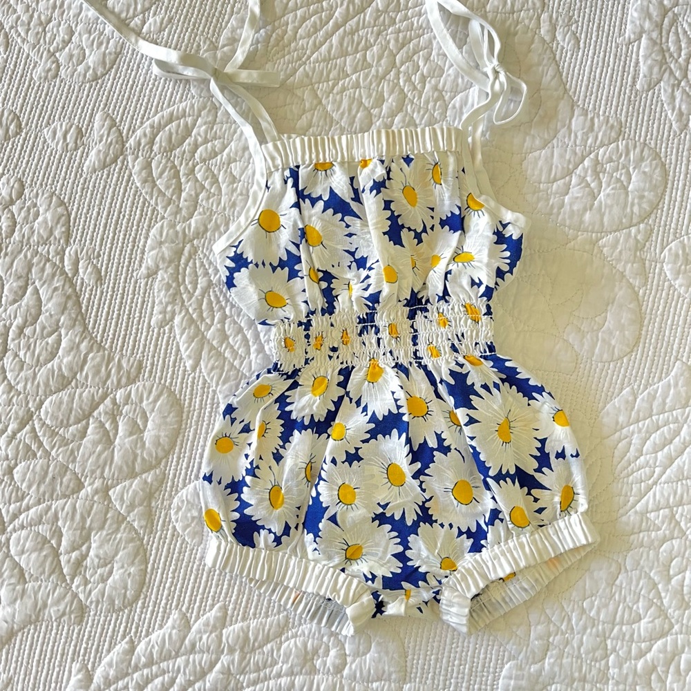 Floral Blue and White Daisy Romper with Shoulder Ties 18 mo.
